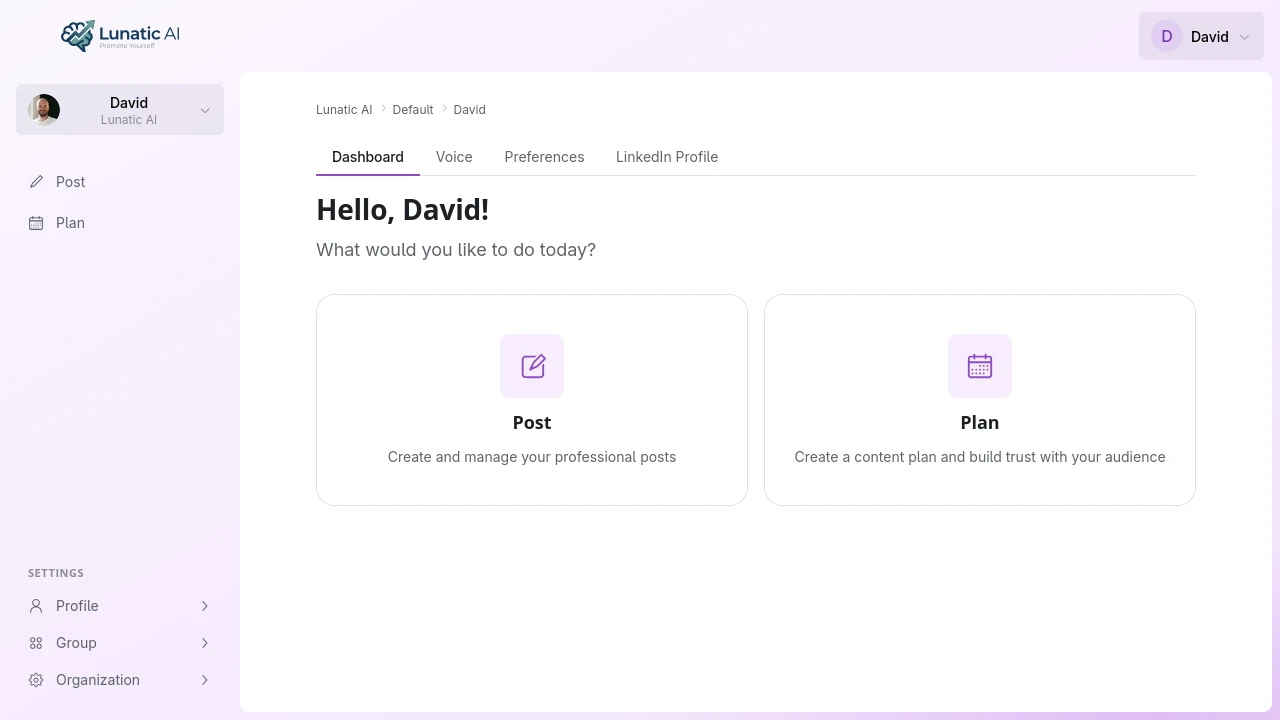 Lunatic AI dashboard showing voice profile and content generation